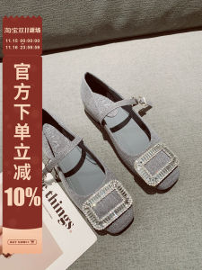 French Rhinestone Square Buckle Low Heel Fashion Single Shoes Womens New Style Mary Janes Slip-On round Head Flat Heel Shoes