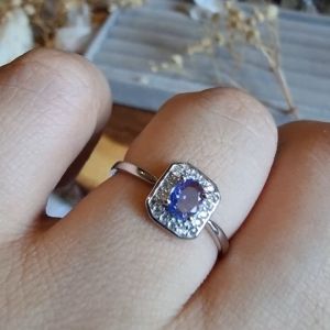 Adjustable Tanzanite Oval Cut with Double Halo Cubic Zirconia in s925 (Sterling Silver) Ring