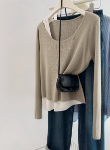 Womens Soft Knitted Shoulder Bared Inner Wear Loose Fit Color Block Design Long Sleeve Crew Neck Top New Autumn Arrival