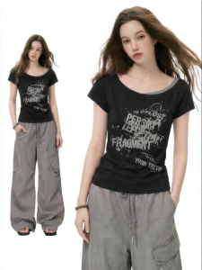 EVPGB | Áo Thun Slim Fit Mùa Hè Phong Cách Mỹ Gái Spicy Giả Đôi Lớp