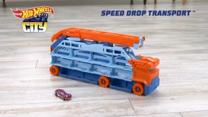 Hot Wheels City Speed Drop Transport Hauler ฮอตวีลซิตี้ ชุดรถบรรทุกรถพร้อมรางดิ่ง (HDY92 CH)