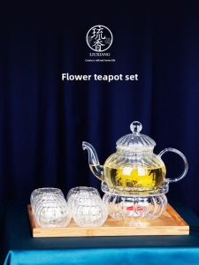 High Borosilicate Glass Tea Pot Candle Heated Flower Tea Pot Restaurant Special Tea Set Flower Tea Cup Japanese Style Heat Resistant Glass