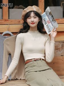 Áo len dệt kim nữ MUTU kiểu tay dài cổ cao ôm vừa dáng chữ V