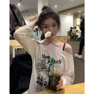YUEZHONGWEI | American Style Letter Print One Shoulder Long Sleeve Thin Summer Top Women Loose Cover Shirt T-Shirt Creative Commute Style