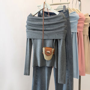 Áo Len Dệt Kim Dài Tay Màu Đen Kiểu Pháp Cho Nữ Xuân Thu Thiết Kế Hở Vai Gợi Cảm Chất Liệu Cotton Pha Trộn Thường Ngày Dài Vừa Phải