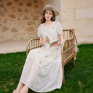 XIANGYING | Floral Embroidered V-Neck Fitted Midi Dress