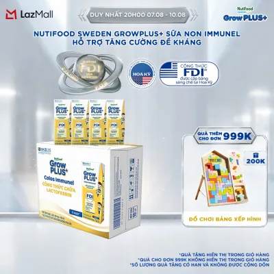 Thùng 24 Hộp Sữa Bột Pha Sẵn Nutifood Sweden GrowPLUS+ Sữa Non Immunel hộp 180 ml (Bao bì tuỳ lô hàng)