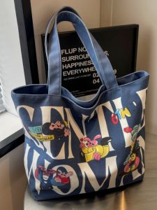 Large Capacity Canvas Tote Bag Womens Commuter Shoulder Bag Cartoon Letter Print Shopping Bag Style Casual Handbag