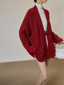 New Year V-Neck Knitwear with Traditional Chinese Fasteners Loosely Styled Sweater for Women