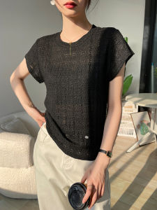 Black round Neck Short Sleeve Womens T-Shirt Summer New Hollow out Ice Silk Knitted Base Shirt Top Slim Fit Inner Wear