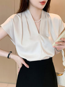 Womens V-Neck Chiffon Shirt Sleeveless Top Satin Base Layer Professional Atmosphere Summer Fashion Korean Style Commute Wind