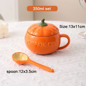 Pumpkin Mug Ceramic with Lid with Spoon Coffee Cups Milk Tea Breakfast Creative Handle Design Gift Drinkware Kitchen Halloween