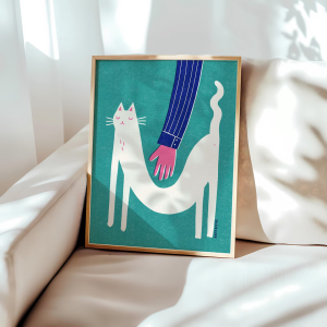 Modernist Cat Petting Wall Art - Stylized Graphic Print Evoking the Calm of a Content Cat with a Bold Color Palette of Teal Wh