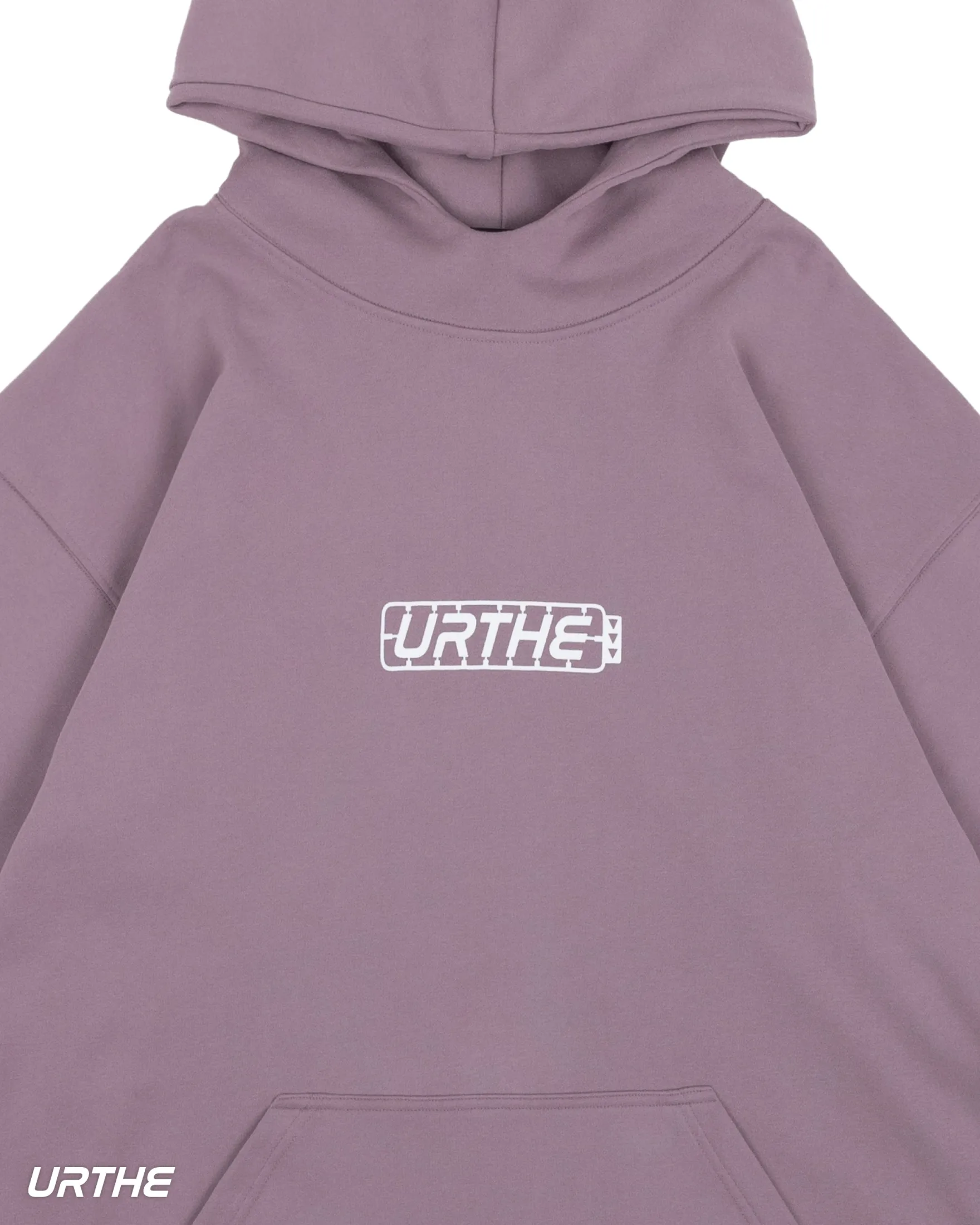 URTHE - เสื้อฮู้ด แขนสั้น OVERSIZE สกรีนลาย รุ่น THE PART HOODIE สีดำ สีขาว สีม่วง สีน้ำตาล