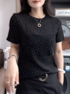UYFY | Black Polka Dot Round Neck Short Sleeve T-Shirt Womens Fashionable Slimming Top For Summer 2025 Commute Style Korean Version