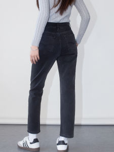 Fashionable Basic Style Smoke Grey High Waist Straight Leg Nine-Tenths Jeans Womens Spring Cotton Stretch Denim Trousers