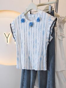 เสื้อยืดแขนสั้นลายทางสีฟ้าลายดอกไม้ 3 มิติ สำหรับผู้หญิง ไซส์ใหญ่ ฤดูร้อน เสื้อผ้าทำงานสไตล์เกาหลี หวาน น่ารัก ลดอายุ