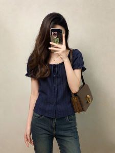 QFN | French Style Navy Blue Lace Collar Tie Sleeve Short Sleeve Womens Blouse