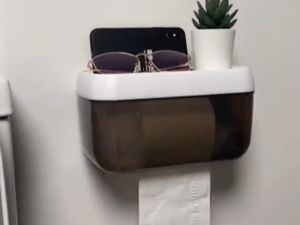Transparent Bathroom Tissue Box Punch-Free Wall Mounted Toilet Paper Case Phone Rack Self Hygiene Roll Paper Box Set