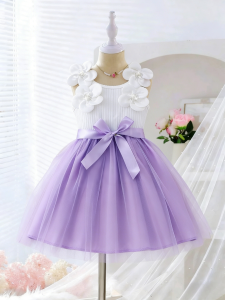 4-7 Years Girls Sweet Purple Tulle Dress - 3D Flower Decor Summer Casual Outdoor Dress
