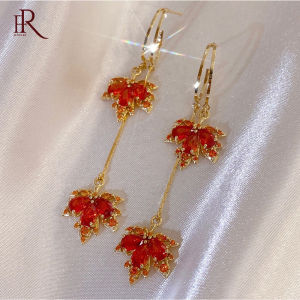 Frascati Gold Plated Pearl Zircon Red Maple Leaf Double Layer Ear Buckle Drop Earrings Necklace For Women Girl Personality Jewelry
