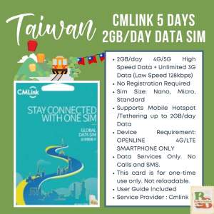 TAIWAN Travel  Data Sim card 5Days 2Gb/day