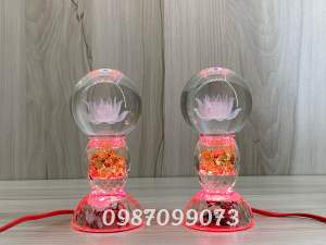 Cặp đèn thờ cầu sen pha lê đèn lá vàng phong thủy quả cầu cao 17cm