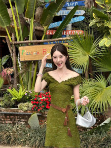 V-Neck Vintage French Style Summer Dress Womens High Waist Short Skirt Tight Fit Commute Simple Design No Brand Registered Trademark