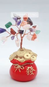 Crystal Money Tree with Money Bag Feng Shui Cabinet Decoration for Wealth Luck Home Office Ornament