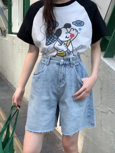 High Waist Bermuda Denim Shorts for Women Baggy Fit Raw Hem Comfy Daily Wear