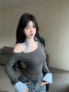 GUZILIAN | Korean Style Long Sleeve T-Shirt Womens Shoulder Design Splice Base Shirt Fashionable Bottoming Top For Autumn Season