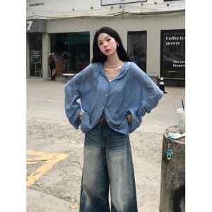 Blue Plaid Hooded Open Cardigan Womens Early Autumn 2025 New Korean Style Retro Loose Design Sense Shirt Top