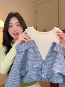 HEYINI | Áo Sơ Mi Đơn Giản Phong Cách Pháp Màu Xanh Carô Giả Hai Mảnh