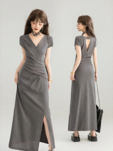 Keiko | Overlap V-Neck Grey Summer New Long Dress