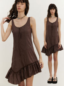 SOLWEIGE | SOLWEIGE Vacation Style Pleated Texture Asymmetrical Hem Large Round Neck Vest Dress Womens Sleeveless A-Line Summer Dress