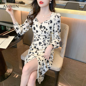 AMMIN 2023 Autumn Korean style simple retro square collar floral print tea break dress womans new long sleeve long sleeve A-line pleated waist irregular split elegant knee long dress