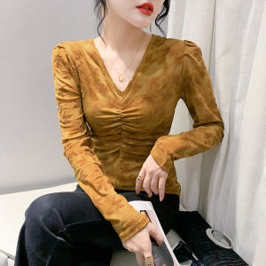 YIMEI 2023 Autumn New Fashion Korean V-Neck Pleated Print T-shirt Vintage Elegant Temperament Bubble Sleeve Top Wrapped Up Bottom Shirt