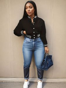 Spring Autumn Pure Color Single Button Baseball Jacket High Waist Sport Outerwear Womens Fashion Versatile Solid Color Coat