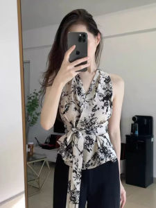chaqi | French Style Halter Neck Strap Vest Womens Summer Outdoor Wear Sleeveless Shirt High-End Sensation Shoulder Exposure Floral Top