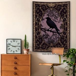 VIKAMA Gothic Raven Tấm Thảm Với Khung Vàng Trang Trí Tinh Xảo Nền Tím Đậm Chủ Đề Học Viện Treo Tường Nghệ Thuật Trang Trí Phòng