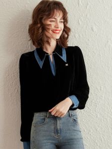 WANGGONGZHU | Velvet Denim Hollow Out Color Block Womens Shirt Princess Style Commute Fashion Long Sleeve Pure Color Korean Version Polo Collar