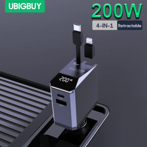 Ubigbuy 200W 4 in 1 Retractable Car Charger Digital Display Type C Fast Charging Charger With Type C Cable For iPhone 16 Samsung