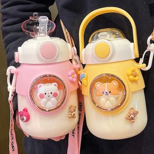 Cute Kids Water Bottles With Straw For Girls Childrens 820ml Large Capacity Kawaii Cartoon Student School Travel Water Cup