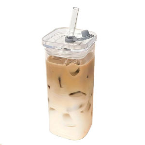 UNTIOR 4pcs Set of Square Glass Cups with Lids and Straw - Portable Drinking Glasses & Coffee Mugs Ideal for Office Home School