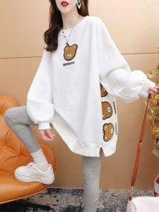 Spring Autumn Cartoon Embroidery Trendy round Neck Slit Sweatshirt Women plus Size Loose Concealing Versatile Top