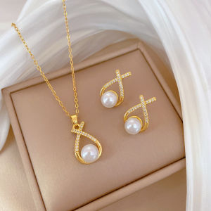 18K Saudi Gold Pawnable Luxury Full Diamond Cross Pearl Necklace Earring Set