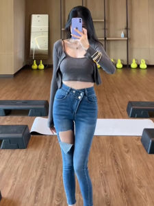 High Waist Slim Fit Blue Washed Denim Jeans Womens New Style Pencil Pants Torn Hole Casual Spring Summer Fashion