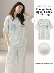 MiiOW | Bộ đồ ngủ cotton nguyên chất có đệm ngực cho nữ mùa hè 2025 Quần dài đến đầu gối Áo chui đầu cổ tròn họa tiết hoạt hình