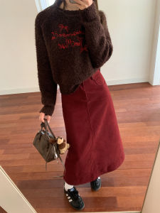 Hello Canon High Waist A-Line Denim Mini Skirt Womens Autumn Winter New Style Dark Red Color Slimming Long Skirt