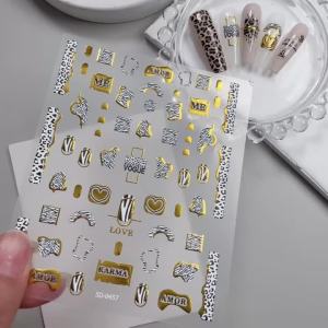 1Pcs 5D Relief Leopard Nail Stickers Gold Foil Stripe Irregular Geometric Nails Decals Adhesive Slider for Y2K Manicure Design 1